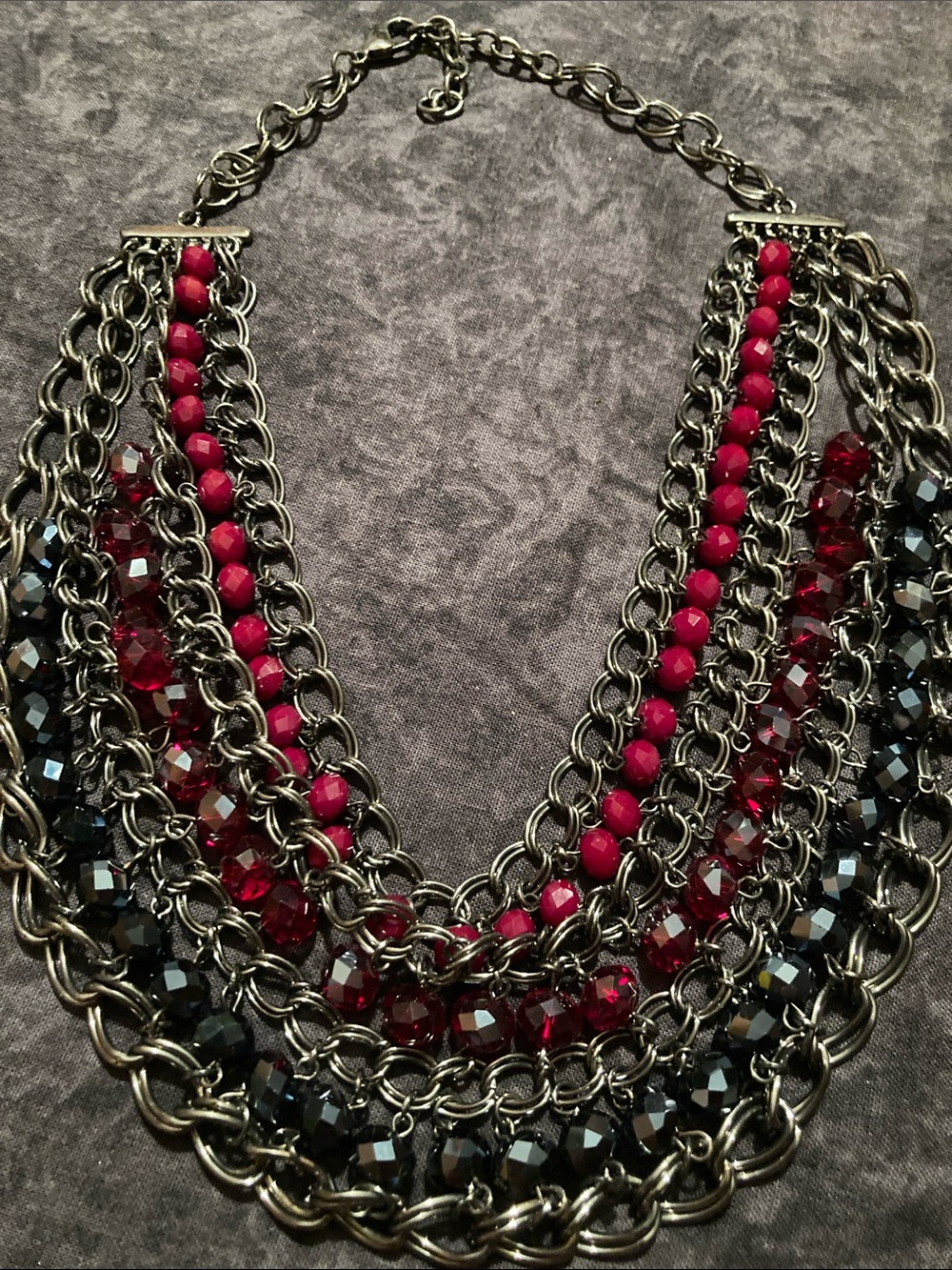 Statement Multi-Row Necklace with Ruby Colored & Black Faceted Beads